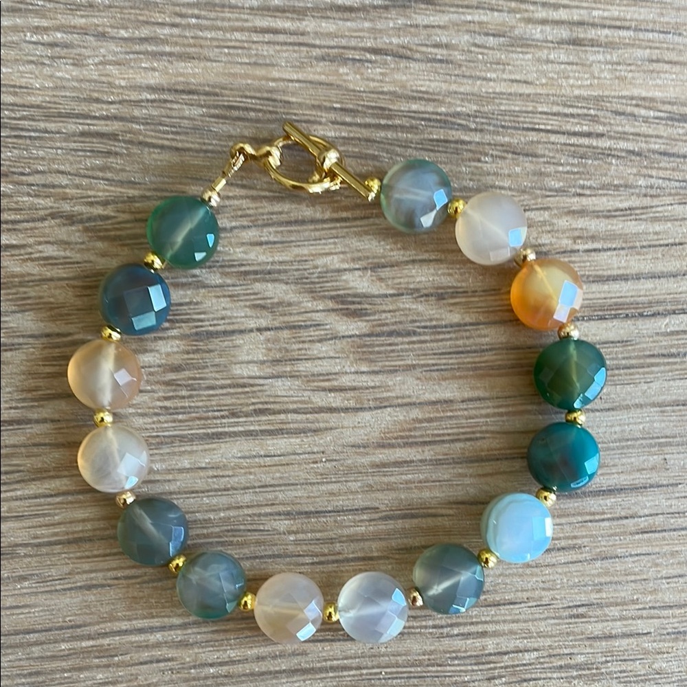 HAND CRAFTED FACETED AGATE & GOLD BRACELET, 7.75” Fashion Jewelry Boho Gemstone